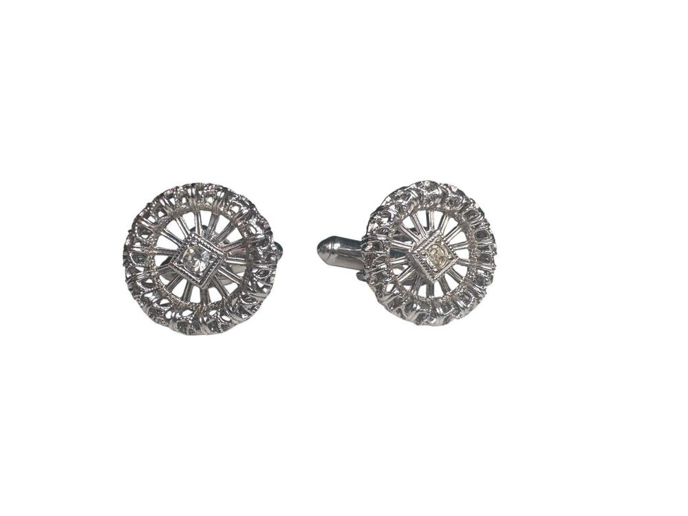 Vintage Silver-Tone Rhinestone Cufflinks – Round Filigree Design
